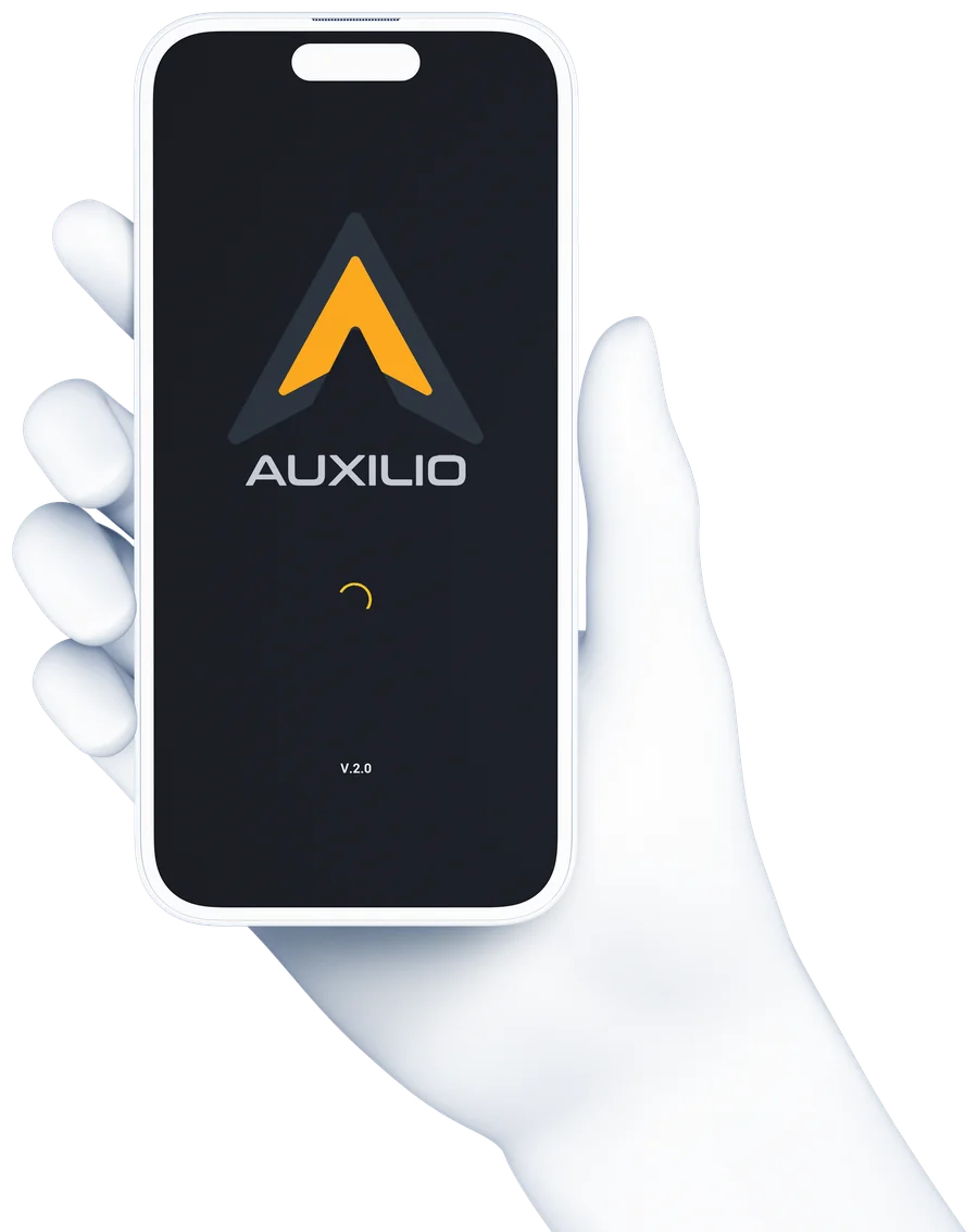 Auxilio agent app splash screen on a phone held in a hand