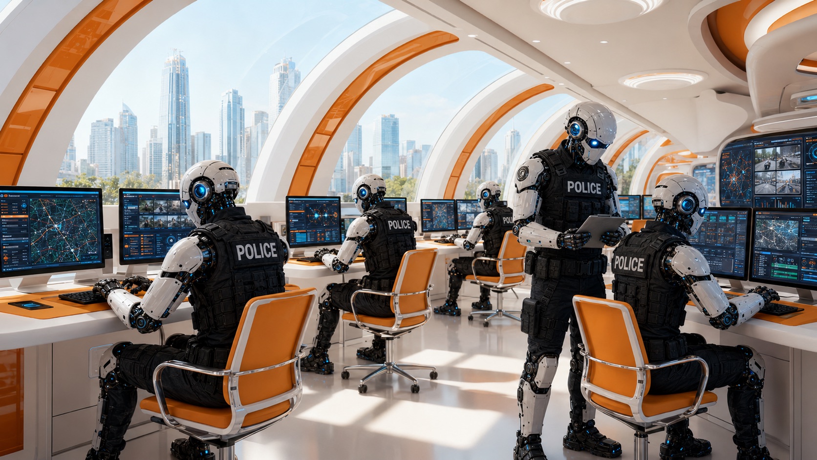 Auxilio robot officers monitoring the city from a dispatch command center