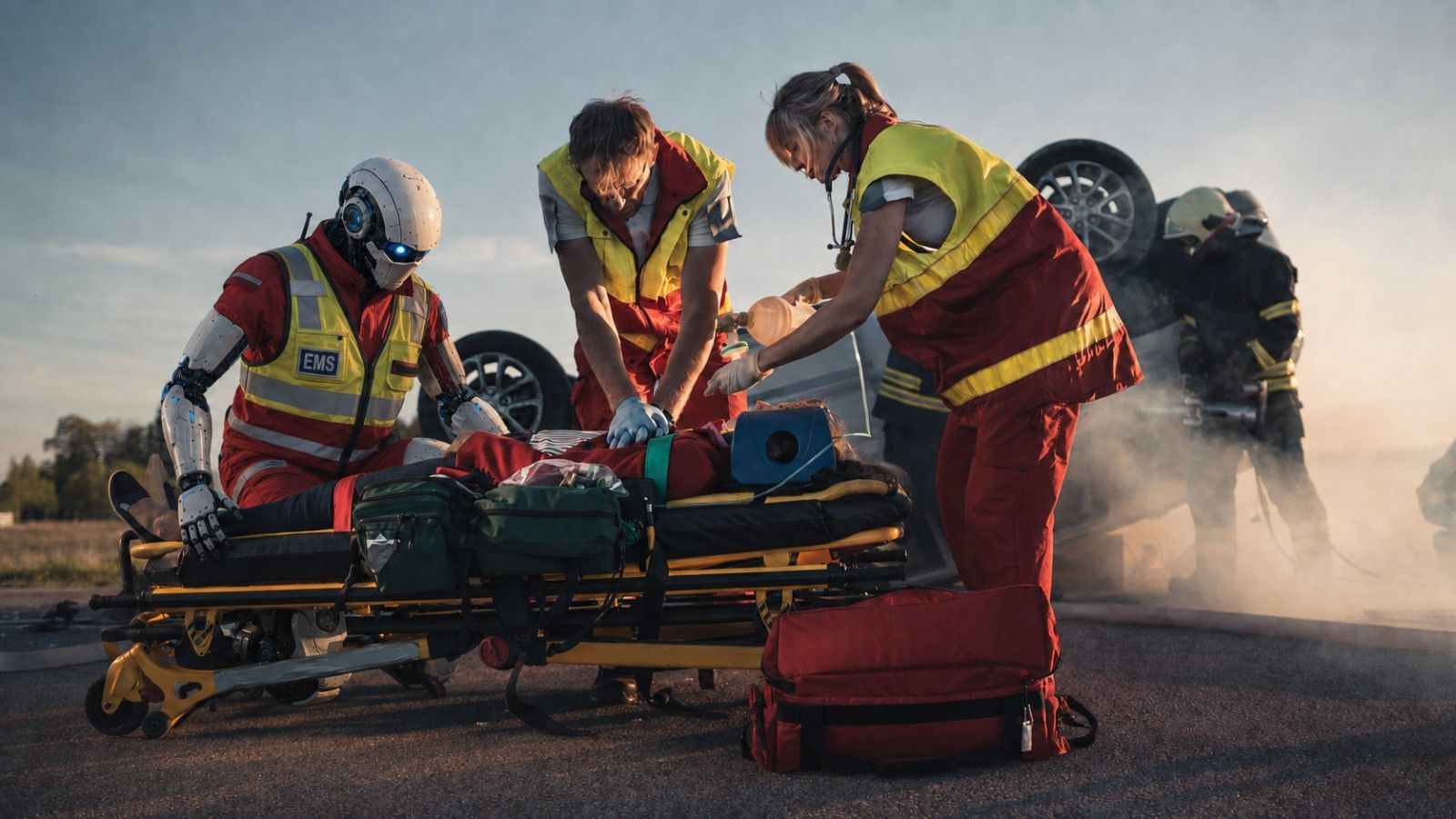 Auxilio robot EMS medic helping paramedics treat a crash victim at a rollover scene