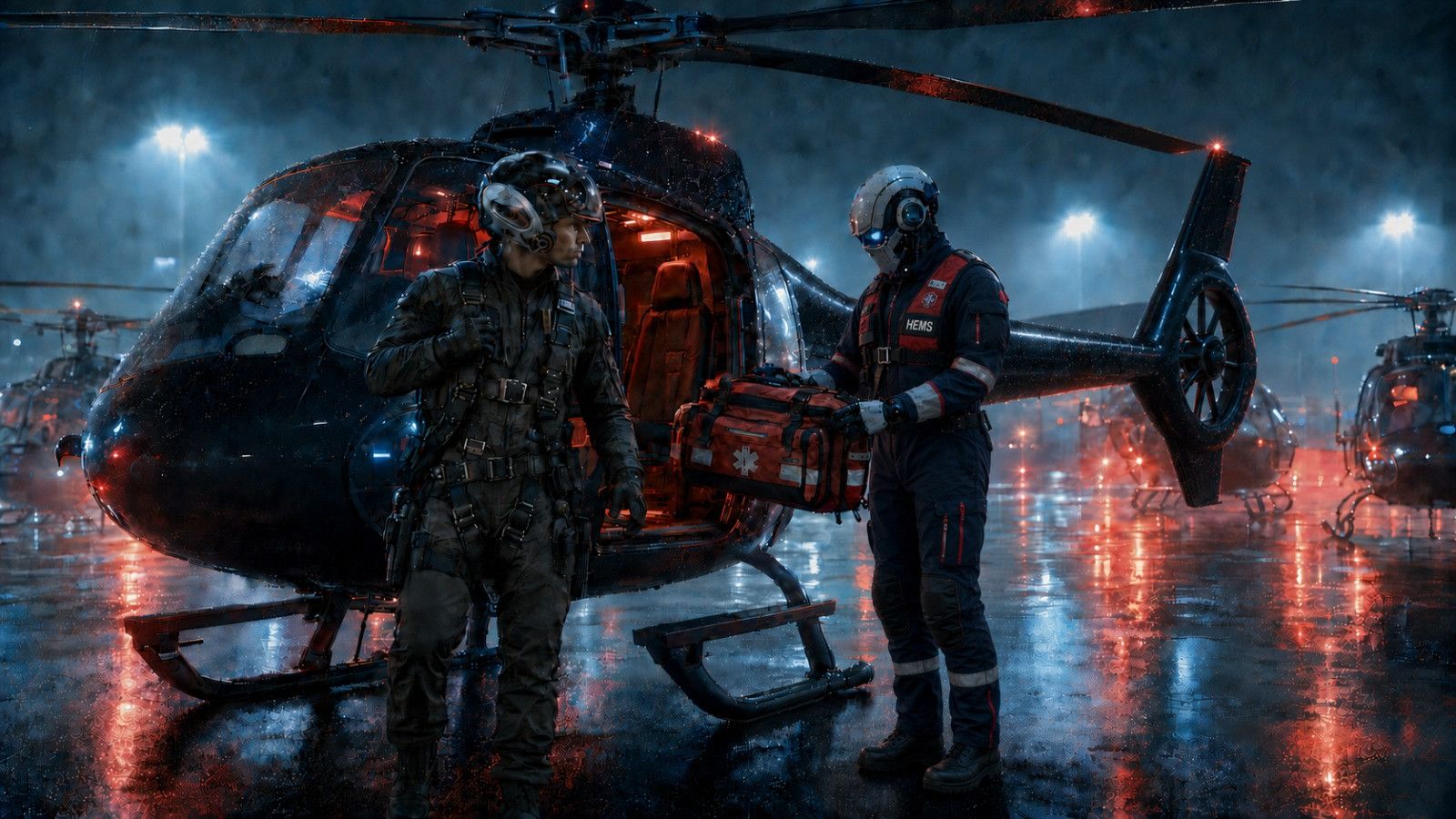 Auxilio robot HEMS medic loading gear into a medevac helicopter at night