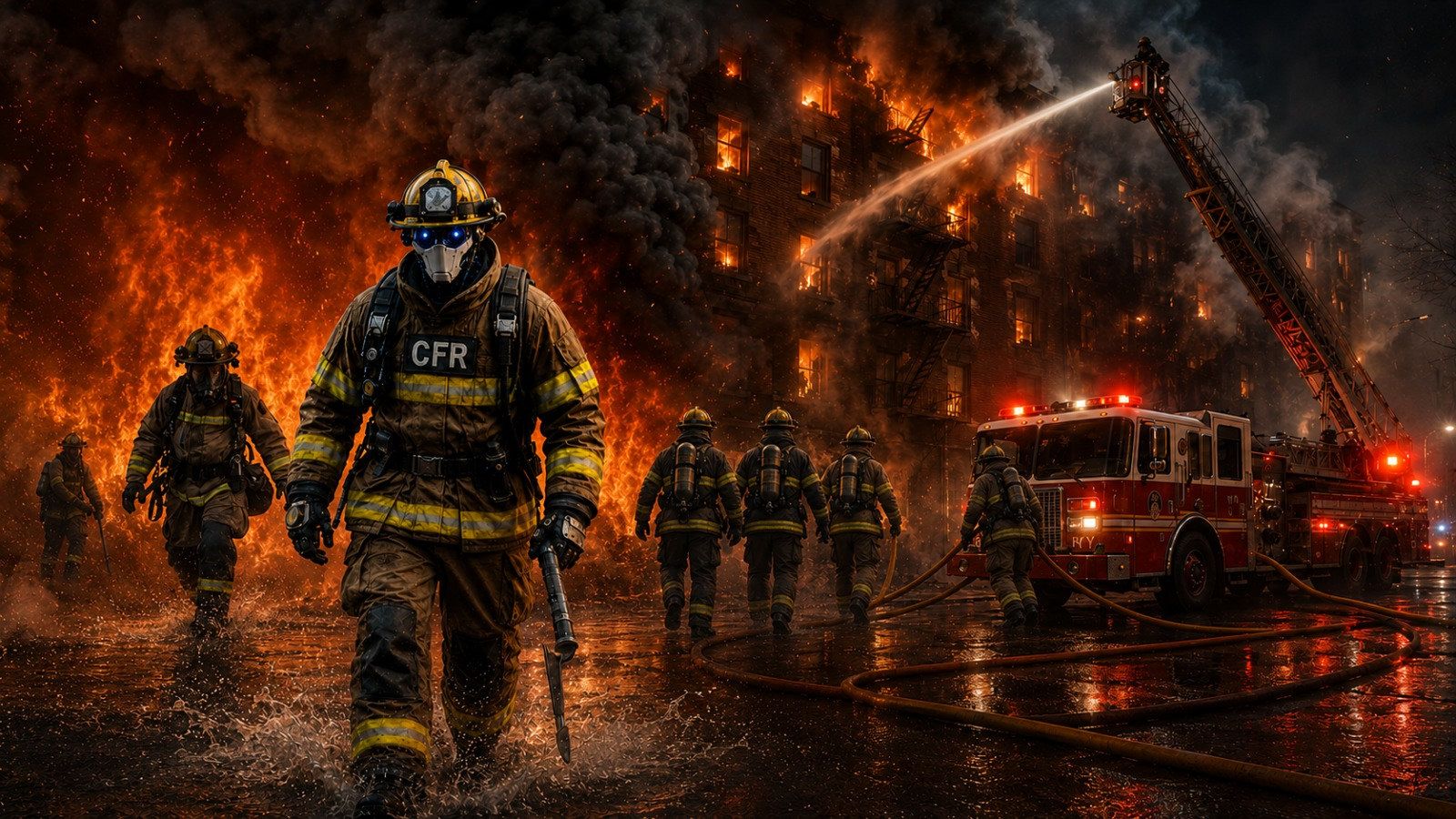 Auxilio robot firefighter leading a CFR crew at a building fire