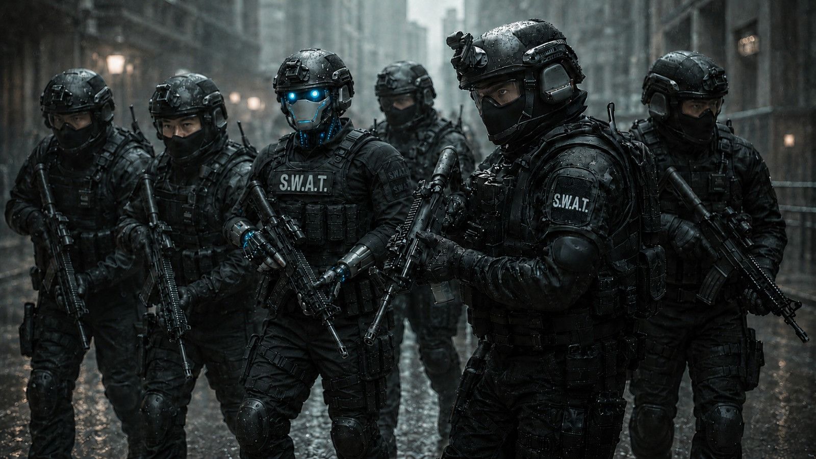 Auxilio robot SWAT officer with a tactical team in the rain