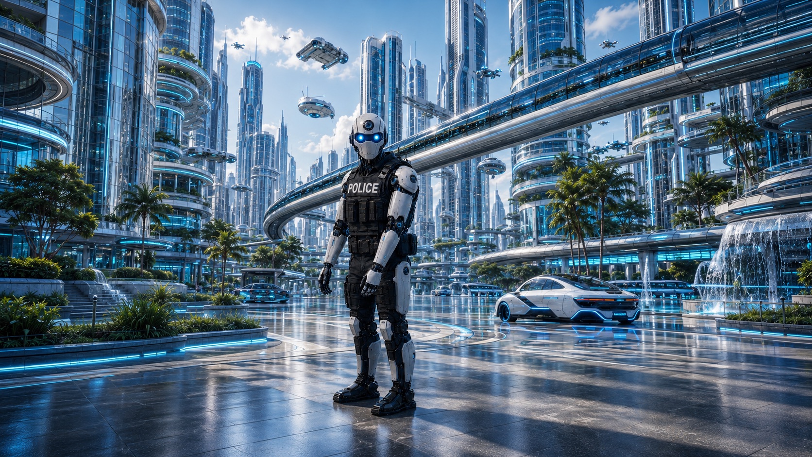 Auxilio AI robot officer in a futuristic city plaza