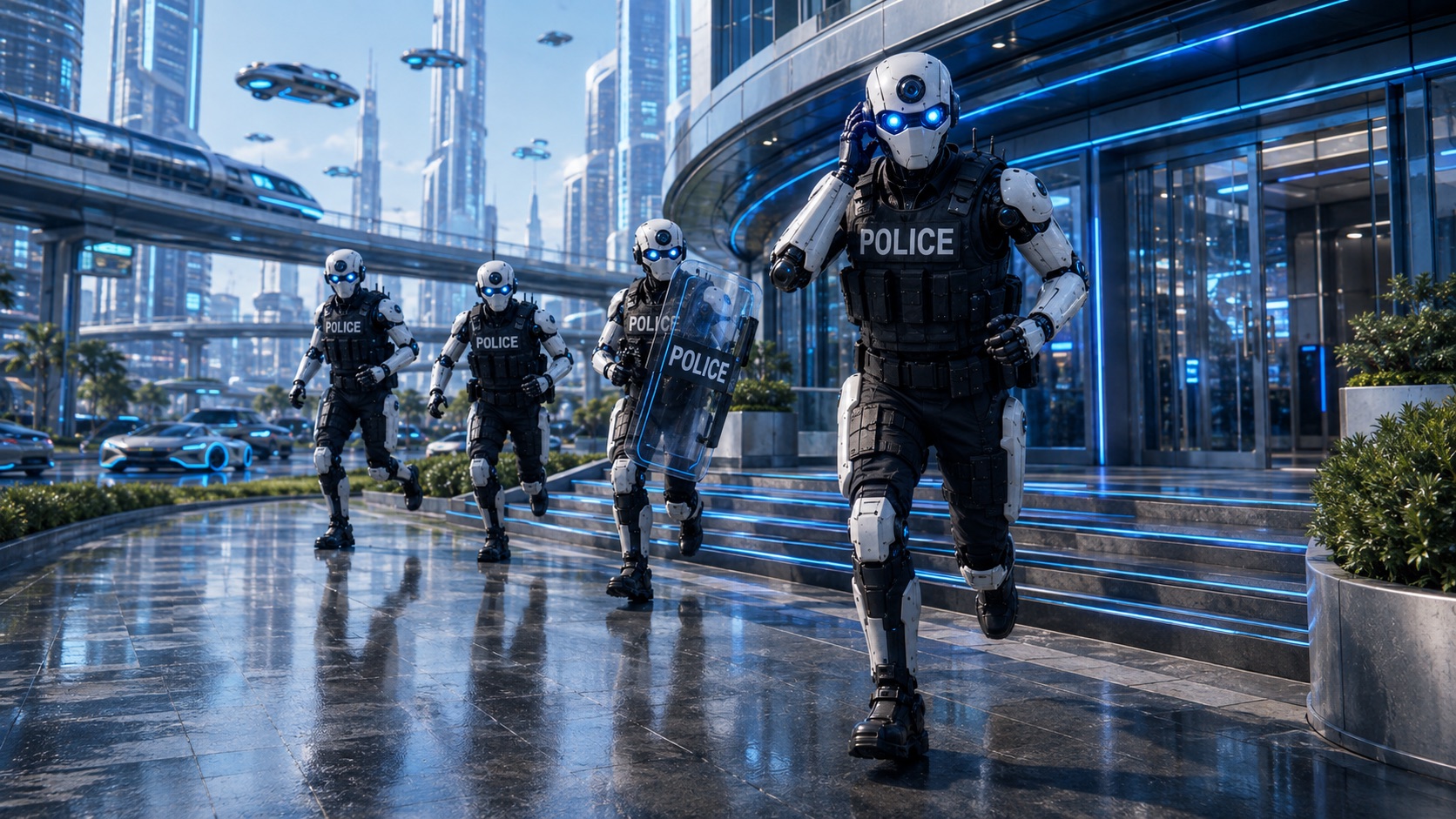 Auxilio AI robot officer squad responding to a call
